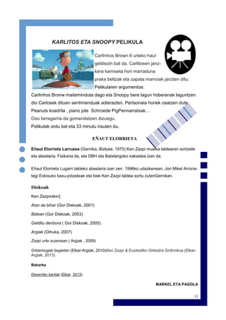 13
KARLITOS ETA SNOOPY PELIKULA
Carlinhos Brown 6 urteko haur
geldiezin bat da. Carlitosen janz-
kera kamiseta hori marraduna
praka beltzak eta zapata marroiak janzten ditu.
Pelikularen argumentoa:
Carlinhos Bronw maiteminduta dago eta Snoopy bere lagun hoberenak laguntzen
dio Carlosek dituen sentimenduak adierazten. Pertsonaia horiek osatzen dute
Peanuts koadrila , piano jole Schroede PigPennarratxak…
Oso farregarria da gomendatzen dizuegu.
Pelikulak ordu bat eta 33 minutu irauten du.
EÑAUT ELORRIETA
Eñaut Elorrieta Larruzea (Gernika, Bizkaia, 1975) Ken Zazpi musika taldearen sortzaile
eta abeslaria. Fisikaria da, eta DBH eta Batxilergoko irakaslea izan da.
Eñaut Elorrieta Lugarri taldeko abeslaria izan zen. 1996ko udazkenean, Jon Mikel Arrona-
tegi Exkixuko baxu-jotzaileak eta biek Ken Zazpi taldea sortu zutenGernikan.
Diskoak
Ken Zazpirekin]
Atzo da bihar (Gor Diskoak, 2001)
Bidean (Gor Diskoak, 2003)
Gelditu denbora ( Gor Diskoak, 2005)
Argiak (Oihuka, 2007)
Zazpi urte zuzenean ( Argiak , 2009)
Ortzemugak begietan (Elkar-Argiak, 2010)Ken Zazpi & Euskadiko Orkestra Sinfonikoa (Elkar-
Argiak, 2013)
Bakarka
Deserriko kantak (Elkar, 2013)
MARKEL ETA PAGOLA
 