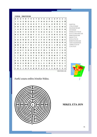 16
HARTZA
JOALDUNAK
KASKABOBOAK
ATORRAK
ERRALDOITXOA
KOTILUNGORRIAK
MAMOXARROAK
MARKITOS
MIELOTXIN
MOMOTXORROAK
ZAKUZAHARRAK
ZAMALTZAIN
ZIRIPOT
Aurki ezazu erdira iristeko bidea.
MIKEL ETA JON
 