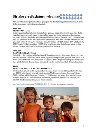6
Siriako errefuxiatuen «drama»
NBEk dio lau milioi pertsonak baino gehiagok utzi dutela Siria gerraren ondorioz. Herrial-
de barnean, zazpi milioi dira desplazatuak
4.000.000
ERREFUXIATUAK
Siriako gatazkak lau milioi errefuxiatu baino gehiago eragin ditu. Horrek esan nahi du Si-
riako herritarren seirenek baino gehiagok herrialdea utzi behar izan dutela. Errefuxiatu
horietako gehienek inguruko herrialdeetan bilatu dute babesa. Turkiak 1.805.255 siriar jaso
ditu, eta horietatik milioi bat azken hamar hilabeteetan iritsi dira. Gainerako herrialdeei da-
gokienez, Libanok 1.172.753 siriar jaso ditu; Jordaniak, 629.128; Irakek, 249.726; Egiptok,
132.375; eta Afrika iparraldean 24.055 siriar errefuxiatu dira. Datu horien artean ez dira
biltzen Europan edo beste lekuetan errefuxiatu diren siriarrak.
7.000.000
BARNE DESPLAZATUAK
Gatazkak ez die eragiten soilik herrialdetik ihes egiten dutenei; han geratu direnek ere pai-
ratu dituzte haren ondorioak. Zazpi milioi lagunek baino gehiagok, gerratik ihesi, etxea utzi
behar izan dute Sirian, hots, herritarren ia herenek. Barne desplazatuen kopurua herrialdetik
ihes egin behar izan dutenei batuz gero, kasik Siriako herritarren erdiak dira errefuxiatuak.
44.000
MEDITERRANEOTIK IHES EGINDAKOAK
Errefuxiatuek ez dute soilik inguruko herrialdeetan bilatu babesa. Ekialde Hurbiletik hara-
go, 44.000 mila iheslari siriarrek gurutzatu dute Mediterraneo itsasoa Europara bidean
2015eko lehen sei hilabeteetan. Orotara, 137.000 lagunek gurutzatu dute Mediterraneoa
denbora horretan, eta horien herenak ziren siriar jatorrikoak. Gerrako lau urteetan, jada
270.000 dira Europan asiloa eskatu duten siriarrak.
http://www.berria.eus/paperekoa/1964/014/001/2015-07-10/siriako_errefuxiatuen_drama.htm
 