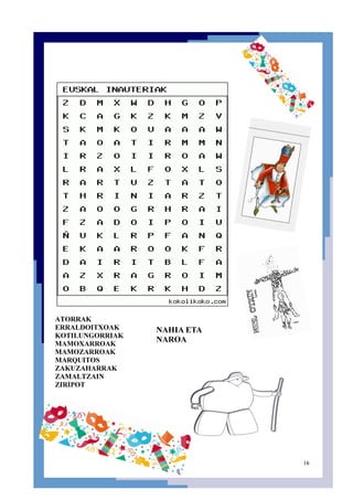 16
ATORRAK
ERRALDOITXOAK
KOTILUNGORRIAK
MAMOXARROAK
MAMOZARROAK
MARQUITOS
ZAKUZAHARRAK
ZAMALTZAIN
ZIRIPOT
NAHIA ETA
NAROA
 