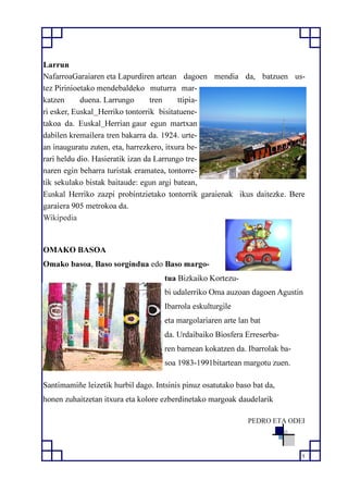 5
Larrun
NafarroaGaraiaren eta Lapurdiren artean dagoen mendia da, batzuen us-
tez Pirinioetako mendebaldeko muturra mar-
katzen duena. Larrungo tren ttipia-
ri esker, Euskal Herriko tontorrik bisitatuene-
takoa da. Euskal Herrian gaur egun martxan
dabilen kremailera tren bakarra da. 1924. urte-
an inauguratu zuten, eta, harrezkero, itxura be-
rari heldu dio. Hasieratik izan da Larrungo tre-
naren egin beharra turistak eramatea, tontorre-
tik sekulako bistak baitaude: egun argi batean,
Euskal Herriko zazpi probintzietako tontorrik garaienak ikus daitezke. Bere
garaiera 905 metrokoa da.
Wikipedia
OMAKO BASOA
Omako basoa, Baso sorgindua edo Baso margo-
tua Bizkaiko Kortezu-
bi udalerriko Oma auzoan dagoen Agustin
Ibarrola eskulturgile
eta margolariaren arte lan bat
da. Urdaibaiko Biosfera Erreserba-
ren barnean kokatzen da. Ibarrolak ba-
soa 1983-1991bitartean margotu zuen.
Santimamiñe leizetik hurbil dago. Intsinis pinuz osatutako baso bat da,
honen zuhaitzetan itxura eta kolore ezberdinetako margoak daudelarik
PEDRO ETA ODEI
 