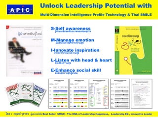 Unlock Leadership Potential with
     APIC
AP    iC
  Asia Pacific Innovation Center Co., Ltd.
                                             Multi-Dimension Intelligence Profile Technology & Thai SMILE



                                                  S-Self awareness
                                                    รู้จักและชื่นชมศักยภาพของต่อมสุขใจ


                                                  M-Manage emotion
                                                     มีอิสระในการบริหารความสุข


                                                  I-Innovate inspiration
                                                    สร้างสร้างวิถีแห่งความสุข


                                                  L-Listen with head & heart
                                                    ฟังเสียงความสุข


                                                  E-Enhance social skill
                                                    ต่อยอดความสุขสู่สังคม



                                                                                                                 De




โดย : กฤษณ์ รุยาพร ผู้แต่งหนังสือ Best Seller SMILE : The DNA of Leadership Happiness, , Leadership EQ , Innovative Leader
 