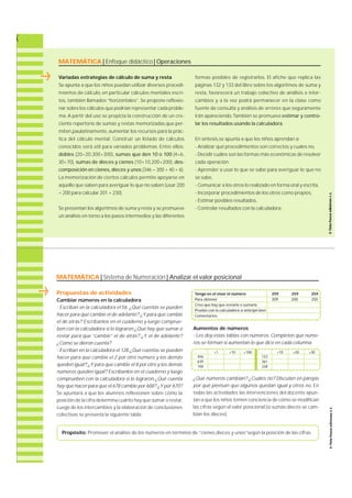 MATEMÁTICA | Enfoque didáctico | Operaciones 
Variadas estrategias de cálculo de suma y resta 
Se apunta a que los niños puedan utilizar diversos procedi-mientos 
de cálculo, en particular cálculos mentales escri-t 
o s , también llamados “ h o r i z o n t a l e s ” . Se propone re f l e x i o-nar 
sobre los cálculos que podrían representar cada proble-m 
a . A partir del uso se propicia la construcción de un cre-ciente 
repertorio de sumas y restas memorizadas,que per-miten, 
paulatinamente, aumentar los recursos para la prác-tica 
del cálculo mental. Construir un listado de cálculos 
conocidos será útil para variados problemas. E n t re ellos: 
d o b l e s ( 2 0 + 2 0 ,3 0 0 + 3 0 0 ) , sumas que den 10 o 100 ( 4 + 6 , 
3 0 + 7 0 ) , sumas de dieces y cienes ( 1 0 + 1 0 ,2 0 0 + 2 0 0 ) , d e s-composición 
en cienes, dieces y unos (346 = 300 + 40 + 6). 
La memorización de ciertos cálculos permite apoyarse en 
aquello que saben para averiguar lo que no saben (usar 200 
+ 200 para calcular 201 + 230). 
Se presentan los algoritmos de suma y resta y se promueve 
un análisis en torno a los pasos intermedios y las diferentes 
formas posibles de re g i s t ra r l o s. El afiche que replica las 
páginas 132 y 133 del libro sobre los algoritmos de suma y 
re s t a , f a v o recerá un trabajo colectivo de análisis e inter-cambios 
y a la vez podrá permanecer en la clase como 
fuente de consulta y análisis de errores que segura m e n t e 
irán apare c i e n d o. También se promueve estimar y contro-lar 
los resultados usando la calculadora. 
En síntesis,se apunta a que los niños aprendan a: 
- Analizar qué procedimientos son correctos y cuales no, 
- Decidir cuáles son las formas más económicas de resolver 
cada operación. 
- A p render a usar lo que se sabe para averiguar lo que no 
se sabe, 
- Comunicar a los otros lo realizado en forma oral y escrita, 
- Incorporar procedimientos de los otros como propios, 
- Estimar posibles resultados, 
- Controlar resultados con la calculadora, 
MATEMÁTICA | Sistema de Numeración | Analizar el valor posicional 
Tengo en el visor el número 
Para obtener 
Creo que hay que restarle o sumarle 
Pruebo con la calculadora si anticipé bien 
Comentarios 
259 259 259 
209 200 250 
Aumentos de números 
- Les doy estas tablas con números. Completen qué núme-ros 
se forman si aumentan lo que dice en cada columna 
456 
639 
100 
+1 +10 +100 
123 
361 
228 
+10 +20 +30 
¿Qué números cambian? ¿Cuáles no? Discutan en parejas 
por qué piensan que algunos quedan igual y otros no. E n 
todas las actividades las intervenciones del docente apun-tan 
a que los niños tomen conciencia de cómo se modifican 
las cifras según el valor posicional (si sumás dieces se cam-bian 
los dieces). 
Propuestas de actividades 
Cambiar números en la calculadora 
- Escriban en la calculadora el 56. ¿Qué cuentas se pueden 
hacer para que cambie el de adelante? ¿Y para que cambie 
el de atrás? Escríbanlos en el cuaderno y luego comprue-ben 
con la calculadora si lo lograron.¿Qué hay que sumar o 
restar para que “ c a m b i e ” el de atrás? ¿Y el de adelante? 
¿Cómo se dieron cuenta? 
- Escriban en la calculadora el 128.¿Qué cuentas se pueden 
hacer para que cambie el 2 por otro número y los demás 
queden igual? ¿Y para que cambie el 8 por otro y los demás 
números queden igual? Escríbanlos en el cuaderno y luego 
comprueben con la calculadora si lo lograron.¿Qué cuenta 
hay que hacer para que el 678 cambie por 608? ¿Y por 670? 
Se apuntará a que los alumnos reflexionen sobre cómo la 
posición de la cifra determina cuánto hay que sumar o re s t a r. 
Luego de los intercambios y la elaboración de conclusiones 
colectivas se presenta la siguiente tabla: 
Propósito: Promover el análisis de los números en términos de “cienes,dieces y unos”según la posición de las cifras. 
 