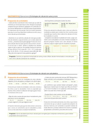 MATEMÁTICA | Operaciones | Estrategias de cálculo de suma y resta 
Propuestas de actividades 
- Cada uno hace una lista de cinco restas que ya sabe de 
memoria y le sirven para hacer otras. Después en parejas 
comparen las que anotaron y agreguen en su lista dos res-tas 
nuevas. Márquenlas en color para tratar de aprenderlas. 
Es importante que las parejas sean de niveles próximos 
p a ra que no sea muy importante la diferencia entre unos y 
otros cálculos ya memorizados. 
- Anotemos en un cartel los cálculos de resta que ya sabe-mos 
de memoria. Luego de leerlos y ver si todos saben los 
mismos: ¿Tenemos nuevos para agregar? El docente incor-p 
o ra cálculos diversos para que los chicos tomen concien-cia 
de los que sí saben. Vamos a clasificar los cálculos 
según en qué se parecen. Por ejemplo: Restas de números 
de una cifra (6-4, 9 - 4 ) ; restas de –1 (5-1, 1 5 - 1 ) ; restas que 
dan 10, 2 0 , 30 (34 -4; 1 4 - 4 ) , restas de cienes (400-200, 3 0 0 - 
100).¿Qué otros tipos de restas podemos agregar? 
- Usen la primera cuenta para resolver las otras: 
Usar 100 - 60 = 40 para hacer: 
100 - 65 = 
100 - 62 = 
El docente alentará la reflexión sobre cómo son útiles los 
resultados ya dados para resolver las otras cuentas,ya que 
es posible que muchos niños realicen los cálculos sin tener 
los resultados en cuenta. 
- Completen esta tabla de resultados de restas. Luego con-trolen 
con la calculadora si les dio el mismo resultado. E l 
docente propone resolver uno o dos cálculos en forma 
colectiva.Luego se sugiere que los resuelvan en parejas. 
Cálculo 
311 - 11 = 
128 - 28 = 
253 - 53 = 
337 - 37 = 
255 - 155 = 
Usar 200 - 100 = 100 para hacer: 
210 - 100 = 
205 - 101= 
211 - 111= 
Aumenta 10 Aumenta 20 Aumenta 30 
Propósito: Construir un repertorio memorizado de sumas y restas. Utilizar cálculos memorizados o conocidos para 
hacer otros cálculos. Estimación de resultados. 
MATEMÁTICA | Operaciones | Estrategias de cálculo con calculadora 
Propuestas de actividades 
- Ustedes ya conocen los resultados de estos cálculos. 
Háganlos con la calculadora y verifiquen si les dieron igual: 
50+50= 60+60= 250+250= 100+100= 80+80= 
El docente por medio de actividades como esta, enseña a 
los niños a usar la calculadora . Como es esperable que 
muchos niños omitan la utilización del signo igual,el maes-tro 
mostrará cómo se usa. 
- Elijan de estas cuentas dos para hacer mentalmente y dos 
para hacer con la calculadora: 
141+17= 30+40+50= 120+120= 238+279= 
¿Cuáles eligieron? ¿Por qué eligieron esas? 
El maestro interviene para que los niños tomen conciencia 
que a veces es conveniente usar la calculadora y otra s 
veces es más veloz hacer el cálculo mentalmente. 
- ¿Cuáles de estas cuentas dan más que 300? Márquenlas y 
luego controlen con la calculadora si anticiparon bien. 
110+110= 130+130= 160+160= 180+180= 
¿Se confirmó lo que ustedes habían anticipado? ¿Hubo 
alguna que creyeron que era mayor que 300 y era menor? 
¿Y al revés? Escriban en el cuadernos cómo hacen para 
saber si va a dar más o menos que 300. 
- Prueben hacer estas cuentas con la calculadora: 
110+110+2+3= 110+3+110+2= 202+3+20= 205+10+10= 
¿Qué tienen de parecido estas cuentas? 
El docente intervendrá alentando a los niños a que tomen 
conciencia de que un cálculo se puede descomponer de 
diversas maneras y los sumandos se pueden ordenar de 
modo diferente y siempre obtienen los mismos re s u l t a d o s 
(propiedades conmutativa y asociativa de la suma). 
Propósito: Usar la calculadora para hacer cálculos,para corregirlos,para comprobar estimaciones y para analizar 
propiedades de las operaciones. 
 