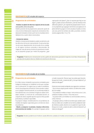 MATEMÁTICA| El estudio del espacio 
Propuestas de actividades 
- Realizar un plano de diversos espacios de la escuela 
( a u l a ,p a s i l l o s, d i r e c c i ó n ,p a t i o ) 
Análisis posterior de las proporc i o n e s ,u b i c a c i ó n , punto de 
v i s t a ,e t c é t e ra .E l a b o ración conjunta de conclusiones. R e e-l 
a b o ración del plano inicial a partir de lo estudiado. A c t i v i-dad 
para tres u cuatro clases consecutivas. 
- Interpretar planos 
Análisis e interpretación de planos usados socialmente y de 
las diferentes formas de re p re s e n t a c i ó n . Se presentan pla-nos 
de casas, d e p a r t a m e n t o s , de la escuela, de un zoológi-c 
o, de lugares turísticos conocidos o desconocidos, d e 
mapas de rutas,de barrios,etcétera.Se promoverá el análi-sis 
en pequeños grupos por medio de pre g u n t a s : ¿ q u é 
representa este plano? ¿Qué se muestra que hay en ese 
lugar? ¿Cuáles son las referencias? ¿Son las mismas en los 
diferentes planos? ¿Se respetan las proporciones? e t c é t e-ra. 
Se propondrá que agreguen elementos (una iglesia en el 
plano del barrio, juegos en el de una plaza,muebles en el de 
una casa, poner los nombres de calles y avenidas, e t c é t e ra 
(véanse páginas libro 112 y 113). 
Propósito: Problemas de comunicación escrita y grafica de ubicaciones,posiciones,trayectos,recorridos. Interpretación 
y producción de planos diversos. Análisis de sistemas de referencias. 
MATEMÁTICA | El estudio de la medida 
Propuestas de actividades 
En el libro (véase Unidad 8) se presentan actividades para 
trabajar la medida,que se completan con las que se propo-nen 
a continuación. Se sugiere que se realicen simultánea-mente 
a las propuestas aritméticas. Si bien pueden realizar-se 
en cualquier momento del año, se recomienda instalar el 
tema durante dos o tres semanas en lugar de realizar activi-dades 
aisladas. La intención de continuidad durante un 
conjunto de clases seguidas apunta a que los niños puedan 
profundizar y reutilizar lo aprendido. 
Se propone trabajar simultáneamente con problemas de 
medidas de longitud, capacidad y peso con diversas clases 
de problemas: 
- Medir y comparar resultados. Analizar diferentes 
instrumentos de medida. Por ejemplo:En grupos vamos 
a medir el pizarrón. Piensen qué necesitan para hacerlo. 
Después de medir: ¿Cuánto les dio? ¿Con qué midieron? ¿A 
todos les dio igual? 
El docente intervendrá señalando a las siguientes cuestiones: 
- Que el mismo objeto puede medirse con diferentes unida-des 
de medida. 
- Si la unidad de medida es mayor “entra menos veces”,si la 
unidad de medida es menor “entra más veces”. 
- Se puede medir con medidas no convencionales,metros y 
cintas métricas. 
- En parejas vamos a medir el escritorio que ustedes usan. 
Esta vez todos van a medirlo con la misma unidad de medi-d 
a : fósforos usados. Anoten en el cuaderno lo que les dio. 
Después de medir: ¿Cuánto les dio? ¿Cómo lo hicieron? ¿A 
todos les dio igual? 
Propósito: Resolver problemas de medición usando diferentes unidades de medida convencionales y no convencionales. 
 