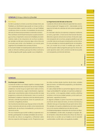 LENGUA 
Escritura por sí mismos 
La tarea de escribir es un trabajo cognitivo complejo. I m p l i-ca 
ir resolviendo durante el proceso de escritura múltiples 
p r o b l e m a s : recortar lo que se quiere decir sobre un tema, 
según las circ u n s t a n c i a s , según el destinatario, o rg a n i z a r, 
seleccionar conocimientos sobre el tema,escribir de modo 
p r o g resivo y coherente la información, tener en cuenta el 
destinatario, establecer relaciones entre las distintas partes 
del texto, controlar la puntuación, tener en cuenta las con-venciones 
ortográficas,etcétera. 
Son muchas las decisiones que hay que tomar en los dife-rentes 
momentos del acto de escribir: en los momentos de 
p l a n i f i c a c i ó n , de escritura o textualización, y en los de re v i-sión 
de lo escrito. 
Por eso, recalcamos que escribir es difícil y se aprende escri-biendo 
y participando en variadas actividades de escritura . 
Al escribir, los chicos se preguntan y reflexionan sobre 
diversos aspectos del lenguaje escrito. Proponemos que 
los niños escriban desde el primer día de clase, v a r i a d o s 
tipos de textos, con diferentes propósitos y con destinata-rios 
diversos y reales. 
En cada unidad del libro se presentan algunos textos con 
mayor profundidad.Por ejemplo, en la primera unidad:car-tas 
y cuentos; en la segunda unidad: cuentos y distintas 
v e r s i o n e s ; en la terc e ra unidad: p o e s í a s ; y en la cuarta uni-dad: 
textos expositivos,etcétera. 
En algunas unidades se pone el acento en la producción 
escrita de ciertos tipos de textos, en otras en la lectura y 
reflexión más que en la producción por parte de los niños. 
Por ejemplo, en la quinta unidad:lectura de textos expositi-vos; 
y en la novena unidad:lectura de obra de teatro. 
Es fundamental proponer situaciones de escritura con diver-sas 
modalidades: escribir solos, en parejas o en grupos; d i c-tar 
al maestro; el docente les dicta a los chicos; los chicos se 
dictan entre sí; escribir con un modelo o sin él; re e s c r i b i r 
cuentos leídos; escribir solo o con ayuda de un adulto. 
LENGUA | Enfoque didáctico | Escribir 
Escritura 
Escribir es producir un texto. La escritura siempre tiene una 
finalidad y un destinatario (que puede ser el que escribe u 
otra persona).Saber a quién se escribe y con qué finalidad, 
condiciona cómo se escribe: el vocabulario, la estructura 
del texto, la manera de presentarlo, la extensión,etcétera. 
Para contribuir a la formación de buenos usuarios de la len-gua 
escrita,es importante conservar la finalidad y los desti-natarios 
reales en las situaciones de escritura escolare s , 
por ejemplo, escribir para comunicar algo a otros chicos de 
la escuela, p a ra invitar a los familiares a un evento, p a ra 
organizar las actividades de la semana,etcétera. 
Es necesario instalar en el aula la práctica de la escritura ,c re-ando 
un clima de confianza, p a ra que los niños se atrevan a 
e s c r i b i r, p re g u n t a r, pedir ayuda y ayudar a sus compañeros. 
La importancia del dictado al docente 
Cuando los niños le dictan al docente aprenden las caracte-rísticas 
propias del “lenguaje escrito”, relacionadas con los 
aspectos formales de cada tipo de texto (véase la página 88 
del libro). 
En el dictado colectivo, los alumnos componen ora l m e n t e 
un texto y apre n d e n , a través de la intervención docente, 
d i f e rentes aspectos del acto de escritura . El docente expli-cita 
el propósito de la escritura , propone planificar qué van 
a escribir, relee lo escrito para revisarlo junto con los chicos. 
En esta actividad se enseña la planificación, la textualiza-ción 
y la revisión de un texto. A medida que escribe, e l 
docente puede realizar preguntas para que los chicos dis-cutan 
opciones sobre cómo conviene escribir de acuerd o 
con el propósito y la intención del texto. 
f 
 
