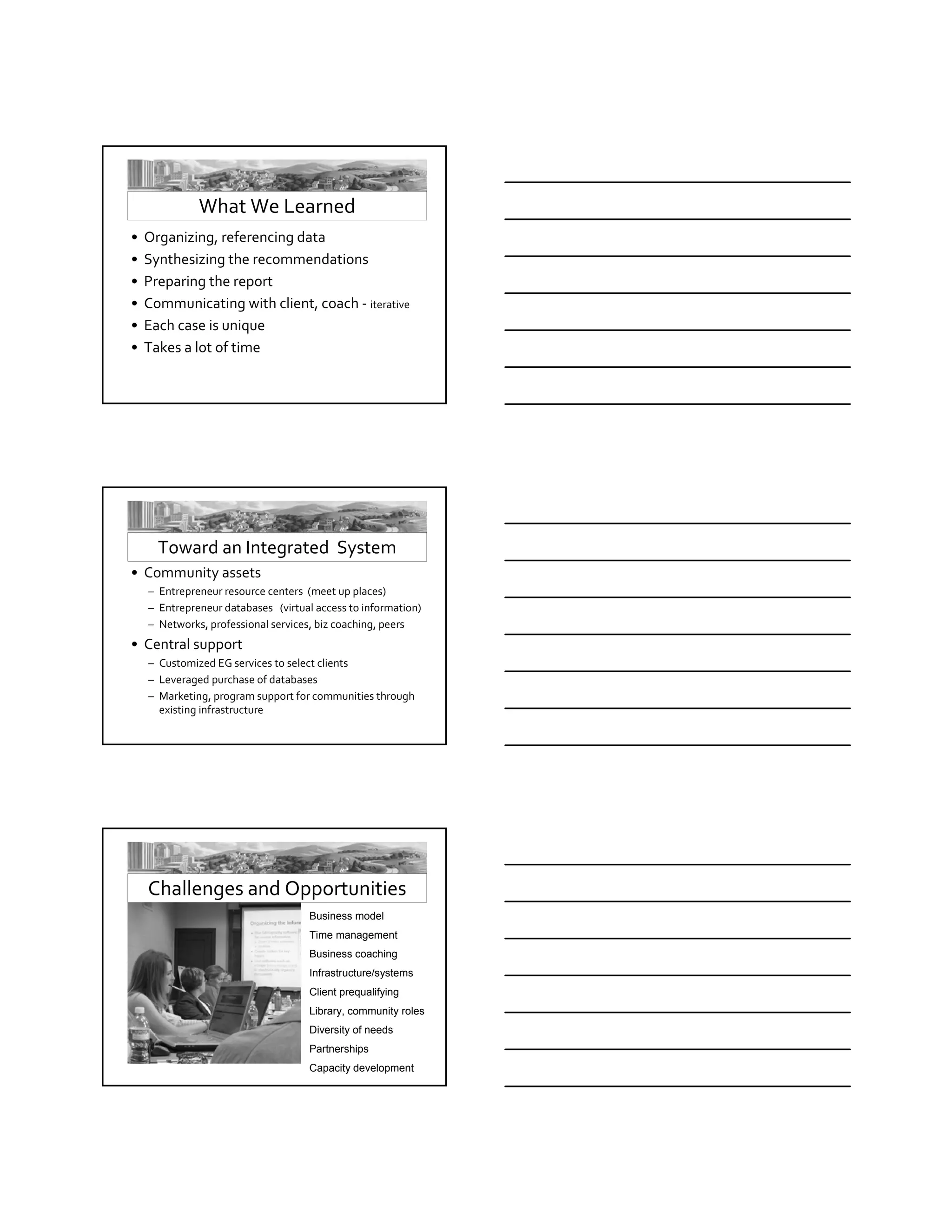 Speaker Barbara Fails




                 What We Learned  
   •   Organizing, referencing data
   •   Synthesizing the recommendations
   •   Preparing the report
   •   Communicating with client, coach ‐ iterative  
   •   Each case is unique
   •   Takes a lot of time




         Toward an Integrated  System
   • Community assets
       – Entrepreneur resource centers  (meet up places)
       – Entrepreneur databases   (virtual access to information)
       – Networks, professional services, biz coaching, peers
   • Central support
       – Customized EG services to select clients
       – Leveraged purchase of databases
       – Marketing, program support for communities through 
         existing infrastructure




       Challenges and Opportunities
                                         Business model
                                         Time management
                                         Business coaching
                                         Infrastructure/systems
                                         Client prequalifying
                                         Library, community roles
                                         Diversity of needs
                                         Partnerships
                                         Capacity development
 