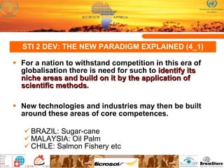 STI 2 DEV: THE NEW PARADIGM EXPLAINED (4_1) For a nation to withstand competition in this era of globalisation there is need for such to  identify its niche areas and build on it by the application of scientific methods .  New technologies and industries may then be built around these areas of core competences.  BRAZIL: Sugar-cane MALAYSIA: Oil Palm CHILE: Salmon Fishery etc 