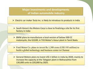  BMW plans to manufacture a local version of below-500 CC
motorcycle, the G310R, in TVS Motor’s Hosur plant in Tamil Nadu
 General Motors plans to invest US$ 1 billion in India by 2020, mainly to
increase the capacity at the Talegaon plant in Maharashtra from
130,000 units to 220,000 by 2025.
 Ford Motor Co. plans to invest Rs 1,300 crore (US$ 195 million) to
build a global technology and business center in Chennai
 Electric car maker Tesla Inc. is likely to introduce its products in India
 South Korea’s Kia Motors Corp is close to finalizing a site for its first
factory in India
Major investments and developments
of Indian automobile industry
 