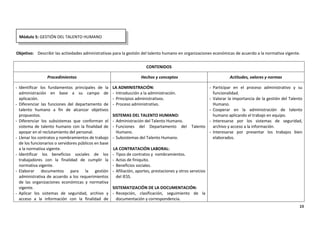 15
Objetivo: Describir las actividades administrativas para la gestión del talento humano en organizaciones económicas de acuerdo a la normativa vigente.
CONTENIDOS
Procedimientos Hechos y conceptos Actitudes, valores y normas
- Identificar los fundamentos principales de la
administración en base a su campo de
aplicación.
- Diferenciar las funciones del departamento de
talento humano a fin de alcanzar objetivos
propuestos.
- Diferenciar los subsistemas que conforman el
sistema de talento humano con la finalidad de
apoyar en el reclutamiento del personal.
- Llenar los contratos y nombramientos de trabajo
de los funcionarios o servidores públicos en base
a la normativa vigente.
- Identificar los beneficios sociales de los
trabajadores con la finalidad de cumplir la
normativa vigente.
- Elaborar documentos para la gestión
administrativa de acuerdo a los requerimientos
de las organizaciones económicas y normativa
vigente.
- Aplicar los sistemas de seguridad, archivo y
acceso a la información con la finalidad de
LA ADMINISTRACIÓN:
- Introducción a la administración.
- Principios administrativos.
- Proceso administrativo.
SISTEMAS DEL TALENTO HUMANO:
- Administración del Talento Humano.
- Funciones del Departamento del Talento
Humano.
- Subsistemas del Talento Humano.
LA CONTRATACIÓN LABORAL:
- Tipos de contratos y nombramientos.
- Actas de finiquito.
- Beneficios sociales.
- Afiliación, aportes, prestaciones y otros servicios
del IESS.
SISTEMATIZACIÓN DE LA DOCUMENTACIÓN:
- Recepción, clasificación, seguimiento de la
documentación y correspondencia.
- Participar en el proceso administrativo y su
funcionalidad.
- Valorar la importancia de la gestión del Talento
Humano.
- Cooperar en la administración de talento
humano aplicando el trabajo en equipo.
- Interesarse por los sistemas de seguridad,
archivo y acceso a la información.
- Interesarse por presentar los trabajos bien
elaborados.
Módulo 5: GESTIÓN DEL TALENTO HUMANO
 