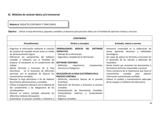 17
b) Módulos de carácter básico y/o transversal
Objetivo: Utilizar la hoja electrónica, paquetes contables y tributarios para procesar datos con la finalidad de optimizar tiempo y recursos.
CONTENIDOS
Procedimientos Hechos y conceptos Actitudes, valores y normas
- Organizar la información mediante la creación
de carpetas de respaldo virtual como un medio
de almacenamiento seguro.
- Diferenciar los componentes del Software
contable y tributario con la finalidad de
preparar al estudiante en el cumplimiento del
trabajo.
- Aplicar fórmulas y funciones de la hoja
electrónica en la resolución de diferentes
ejercicios con el propósito de afianzar los
conocimientos contables.
- Manejar la hoja electrónica a fin de elaborar
documentos administrativos y contables.
- Utilizar el programa tributario con el objetivo de
dar cumplimiento a las obligaciones de los
contribuyentes.
- Efectuar el control contable utilizando los
diferentes módulos del paquete.
- Automatizar el proceso contable y tributario a
GENERALIDADES BÁSICAS DEL SOFTWARE
OPERATIVO:
- Manejo de la información.
- Seguridad y respaldo de la información.
SOFTWARE CONTABLE:
- Definición, importancia, componentes,
estructura y flujograma.
APLICACIÓN DE LA HOJA ELECTRÓNICA EN EL
PROCESO CONTABLE:
- Definición, elementos básicos de la pantalla
(interfase).
- Aplicación de fórmulas y funciones al proceso
contables.
- Automatización de Documentos Contables:
Comprobantes Externos y Comprobantes
Internos.
- Registros contables.
- Demostrar creatividad en la elaboración de
tareas aplicando destrezas y habilidades
tecnológicas.
- Ser capaz de aplicar las fórmulas y funciones en
el desarrollo de los cálculos y obtención de
resultados.
- Siente Interés por presentar los documentos y
formularios de forma responsable y puntual.
- Toma conciencia de la importancia que tiene el
conocimiento contable para obtener
información automatizada confiable.
- Valorar el cuidado y mantenimiento adecuado
de los equipos y mobiliario del laboratorio.
Módulo 6: PAQUETES CONTABLES Y TRIBUTARIOS
 