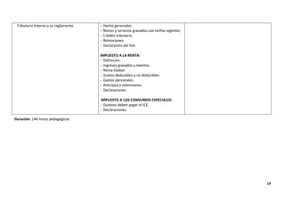 14
Tributario Interno y su reglamento. - Hecho generador.
- Bienes y servicios gravados con tarifas vigentes.
- Crédito tributario.
- Retenciones.
- Declaración del IVA.
IMPUESTO A LA RENTA:
- Definición.
- Ingresos gravados y exentos.
- Renta Global.
- Gastos deducibles y no deducibles.
- Gastos personales.
- Anticipos y retenciones.
- Declaraciones.
IMPUESTO A LOS CONSUMOS ESPECIALES:
- Quiénes deben pagar el ICE.
- Declaraciones.
Duración: 144 horas pedagógicas
 