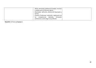20
oferta, demanda y políticas de empleo, recursos
y medios para la inserción laboral.
- Desempleo: definición, efectos del desempleo y
formas.
- Proyecto Profesional: definición, exploración de
las competencias laborales, formación
profesional y como elegir una profesión.
Duración: 62 horas pedagógicas
 