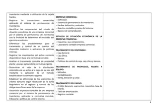 5
inventarios mediante la utilización de la tarjeta
Kardex.
- Registrar las transacciones comerciales
aplicando el sistema de permanencia de
inventarios.
- Identificar los componentes del estado de
situación económica de una empresa comercial
por el sistema de permanencia de inventarios
con la finalidad de determinar el resultado del
ejercicio económico.
- Diferenciar los procedimientos para el
tratamiento y control de las cuentas del
disponible mediante la aplicación de políticas
internas.
- Registrar los movimientos del activo corriente
disponible en base a la normativa contable.
- Analizar el tratamiento contable de propiedad
planta y equipo aplicando la normativa vigente.
- Determinar el valor de la distribución
sistemática de un activo a lo largo de su vida útil
mediante la aplicación de un método
establecido en la normativa vigente.
- Establecer las diferencias de los segmentos de
crédito bancario según resolución de la Junta
Reguladora en el registro y control de las
obligaciones financieras de la empresa.
- Desarrollar el proceso contable de una empresa
comercial por el sistema de permanencia de
inventarios, aplicando la normativa contable,
tributaria y políticas de control interno.
EMPRESA COMERCIAL:
- Definición.
- Sistema de permanencia de inventarios.
- Kardex: definición y métodos.
- Asientos contables propios del sistema.
- Balance de comprobación.
ESTADOS DE SITUACIÓN ECONÓMICA DE LA
EMPRESA COMERCIAL:
- Esquema y sus componentes.
- Laboratorio contable empresa comercial.
TRATAMIENTO DEL DISPONIBLE:
- Caja General.
- Caja Chica.
- Bancos.
- Políticas de control de caja, caja chica y bancos.
TRATAMIENTO DE PROPIEDAD, PLANTA Y
EQUIPO:
- Métodos.
- Contabilización.
- Venta, donación y canje.
TRATAMIENTO DEL PASIVO:
- Crédito bancario, segmentos, requisitos, tasa de
interés.
- Tabla de amortización.
- Registro contable.
 