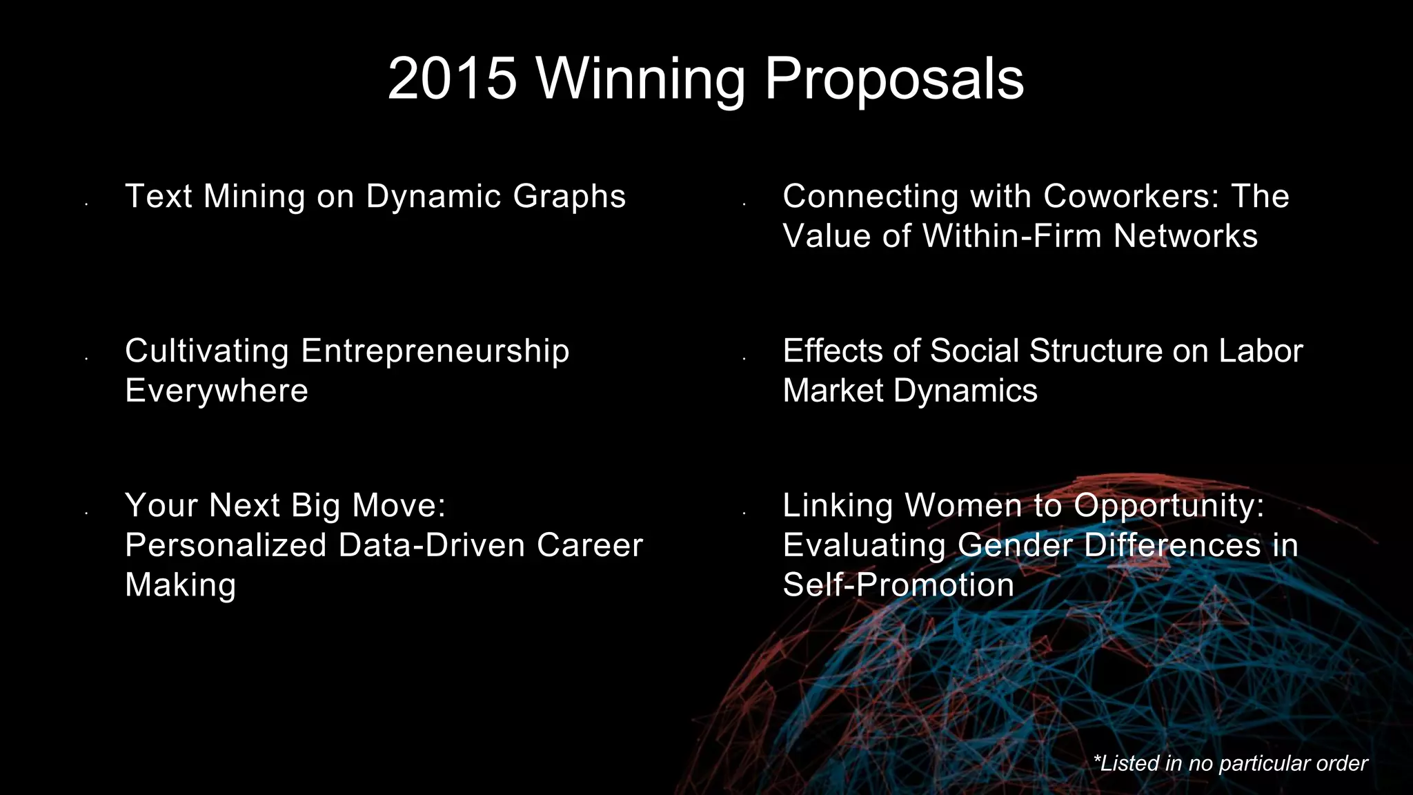 2015 Winning Proposals
• Text Mining on Dynamic Graphs
• Your Next Big Move:
Personalized Data-Driven Career
Making
• Connecting with Coworkers: The
Value of Within-Firm Networks
*Listed in no particular order
• Effects of Social Structure on Labor
Market Dynamics
• Linking Women to Opportunity:
Evaluating Gender Differences in
Self-Promotion
• Identifying Skill Gaps: Determining
Trends in Supply and Demand
for Skills
 