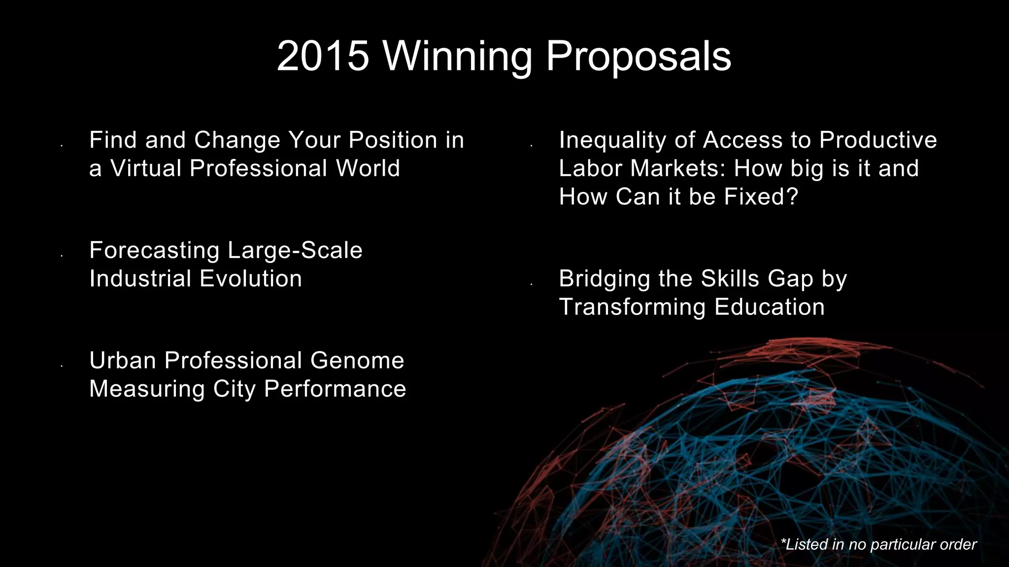 2015 Winning Proposals
• Find and Change Your Position in
a Virtual Professional World
• Forecasting Large-Scale
Industrial Evolution
• Urban Professional Genome
Measuring City Performance
*Listed in no particular order
• Inequality of Access to Productive
Labor Markets: How big is it and
How Can it be Fixed?
• Bridging the Skills Gap by
Transforming Education
 
