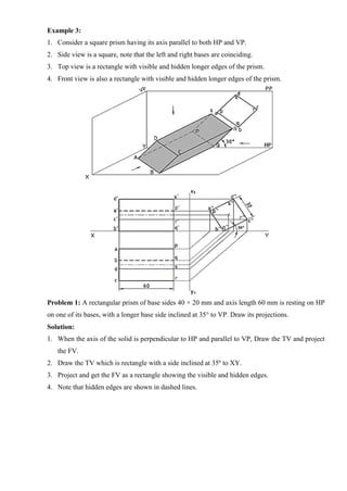 Example 3:
1. Consider a square prism having its axis parallel to both HP and VP.
2. Side view is a square, note that the left and right bases are coinciding.
3. Top view is a rectangle with visible and hidden longer edges of the prism.
4. Front view is also a rectangle with visible and hidden longer edges of the prism.
Problem 1: A rectangular prism of base sides 40 × 20 mm and axis length 60 mm is resting on HP
on one of its bases, with a longer base side inclined at 35° to VP. Draw its projections.
Solution:
1. When the axis of the solid is perpendicular to HP and parallel to VP, Draw the TV and project
the FV.
2. Draw the TV which is rectangle with a side inclined at 35º to XY.
3. Project and get the FV as a rectangle showing the visible and hidden edges.
4. Note that hidden edges are shown in dashed lines.
 
