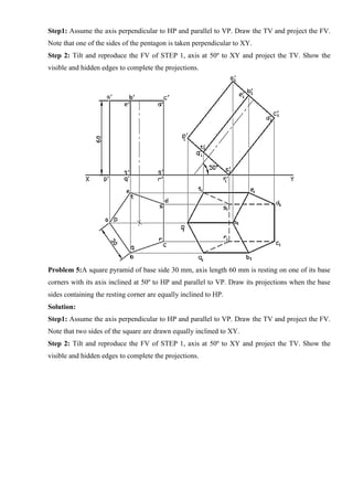 Step1: Assume the axis perpendicular to HP and parallel to VP. Draw the TV and project the FV.
Note that one of the sides of the pentagon is taken perpendicular to XY.
Step 2: Tilt and reproduce the FV of STEP 1, axis at 50º to XY and project the TV. Show the
visible and hidden edges to complete the projections.
Problem 5:A square pyramid of base side 30 mm, axis length 60 mm is resting on one of its base
corners with its axis inclined at 50º to HP and parallel to VP. Draw its projections when the base
sides containing the resting corner are equally inclined to HP.
Solution:
Step1: Assume the axis perpendicular to HP and parallel to VP. Draw the TV and project the FV.
Note that two sides of the square are drawn equally inclined to XY.
Step 2: Tilt and reproduce the FV of STEP 1, axis at 50º to XY and project the TV. Show the
visible and hidden edges to complete the projections.
 