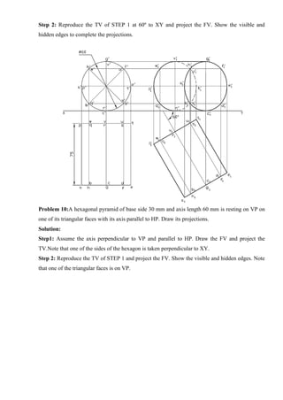 Step 2: Reproduce the TV of STEP 1 at 60º to XY and project the FV. Show the visible and
hidden edges to complete the projections.
Problem 10:A hexagonal pyramid of base side 30 mm and axis length 60 mm is resting on VP on
one of its triangular faces with its axis parallel to HP. Draw its projections.
Solution:
Step1: Assume the axis perpendicular to VP and parallel to HP. Draw the FV and project the
TV.Note that one of the sides of the hexagon is taken perpendicular to XY.
Step 2: Reproduce the TV of STEP 1 and project the FV. Show the visible and hidden edges. Note
that one of the triangular faces is on VP.
 