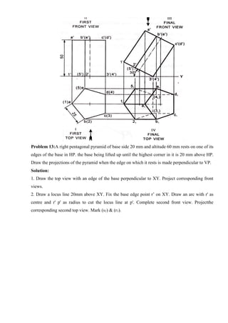 Problem 13:A right pentagonal pyramid of base side 20 mm and altitude 60 mm rests on one of its
edges of the base in HP. the base being lifted up until the highest corner in it is 20 mm above HP.
Draw the projections of the pyramid when the edge on which it rests is made perpendicular to VP.
Solution:
1. Draw the top view with an edge of the base perpendicular to XY. Project corresponding front
views.
2. Draw a locus line 20mm above XY. Fix the base edge point r’ on XY. Draw an arc with r' as
centre and r' p' as radius to cut the locus line at p'. Complete second front view. Projectthe
corresponding second top view. Mark (s1) & (r1).
 