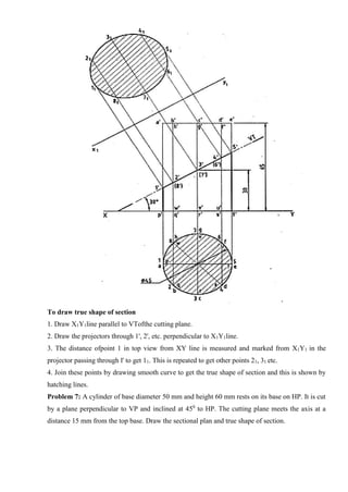 To draw true shape of section
1. Draw X1Y1line parallel to VTofthe cutting plane.
2. Draw the projectors through 1', 2', etc. perpendicular to X1Y1line.
3. The distance ofpoint 1 in top view from XY line is measured and marked from X1Y1 in the
projector passing through l' to get 11. This is repeated to get other points 21, 31 etc.
4. Join these points by drawing smooth curve to get the true shape of section and this is shown by
hatching lines.
Problem 7: A cylinder of base diameter 50 mm and height 60 mm rests on its base on HP. It is cut
by a plane perpendicular to VP and inclined at 450
to HP. The cutting plane meets the axis at a
distance 15 mm from the top base. Draw the sectional plan and true shape of section.
 