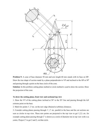 Problem 9: A cone of base diameter 50 mm and axis length 60 mm stands with its base on HP.
Draw the true shape of section made by a plane perpendicular to VP and inclined to the HP at 500
and passing through a point on the base circle of the cone.
Solution: In this problem cutting plane method or circle method is used to draw the section. Draw
the projection of the cone.
To draw the cutting plane, front view and sectional top view
1. Draw the VT of the cutting plane inclined at 50° to the XY line and passing through the left
extreme point on the base.
2. Mark few points 1', 2' etc. on the new edge obtained at arbitrary distances.
3. Consider cutting planes passing through 1’, 2’ etc. parallel to the base and the cut sections are
seen as circles in top view. These new points are projected to the top view to get 1,2,21 etc. for
example cutting plane passing through 2’ is drawn as a circle of diameter mn in top view with o as
centre. Project 2’ to get 2 and 21 on that circle.
 