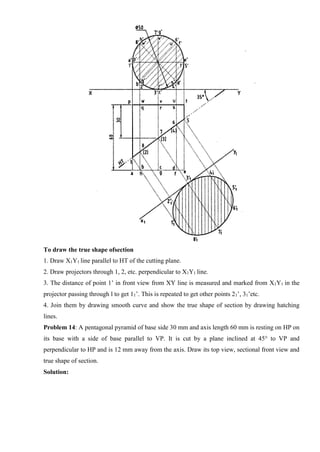 To draw the true shape ofsection
1. Draw X1Y1 line parallel to HT of the cutting plane.
2. Draw projectors through 1, 2, etc. perpendicular to X1Y1 line.
3. The distance of point 1’ in front view from XY line is measured and marked from X1Y1 in the
projector passing through l to get 11’. This is repeated to get other points 21’, 31’etc.
4. Join them by drawing smooth curve and show the true shape of section by drawing hatching
lines.
Problem 14: A pentagonal pyramid of base side 30 mm and axis length 60 mm is resting on HP on
its base with a side of base parallel to VP. It is cut by a plane inclined at 45° to VP and
perpendicular to HP and is 12 mm away from the axis. Draw its top view, sectional front view and
true shape of section.
Solution:
 