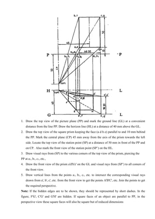 1. Draw the top view of the picture plane (PP) and mark the ground line (GL) at a convenient
distance from the line PP. Draw the horizon line (HL) at a distance of 40 mm above the GL.
2. Draw the top view of the square prism keeping the face (a d h e) parallel to and 10 mm behind
the PP. Mark the central plane (CP) 45 mm away from the axis of the prism towards the left
side. Locate the top view of the station point (SP) at a distance of 50 mm in front of the PP and
on CP. Also mark the front view of the station point (SP’) on the HL.
3. Draw visual rays from (SP) to the various comers of the top view of the prism, piercing the
PP at a1, b1, c1, etc.,
4. Draw the front view of the prism a'd'h'e' on the GL and visual rays from (SP’) to all comers of
the front view.
5. Draw vertical lines from the points a1, b1, c1, etc. to intersect the corresponding visual rays
drawn from a', b', c', etc. from the front view to get the points A'B'C', etc. Join the points to get
the required perspective.
Note: If the hidden edges are to be shown, they should be represented by short dashes. In the
figure, F'G', C'G' and G'H' are hidden. If square faces of an object are parallel to PP, in the
perspective view these square faces will also be square but of reduced dimensions
 