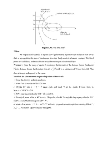 Figure 1.3 Locus of a point
Ellipse
An ellipse is also defined as a plain curve generated by a point which moves in such a way
that, at any position the sum of its distance from two fixed points is always a constant. The fixed
points are called foci and the constant is equal to the major axis of the ellipse.
Problem 1: Draw the locus of a point P moving so that the ratio of the distance from a fixed point
F to its distance from a fixed straight line AB is
3
4
. Point F is at a distance of 70 mm from AB. Also
draw a tangent and normal to the curve.
Solution: To construct the ellipse using focus and directrix
1. Draw the directrix and axis as shown.
2. Mark F on axis such that CF= 70 mm.
3. Divide CF into 3 + 4 = 7 equal parts and mark V at the fourth division from C.
Now, e = VF/ CV = 3/4.
4. At V, erect a perpendicular VB = VF. Join CB.
5. Through F, draw a line at 45° to meet CB produced at D. Through D, drop a perpendicular DV’
on CC’. Mark O at the midpoint of V– V’.
6. Mark a few points, 1, 2, 3,… on V– V’ and erect perpendiculars though them meeting CD at 1’,
2’, 3’…. Also erect a perpendicular through O.
 
