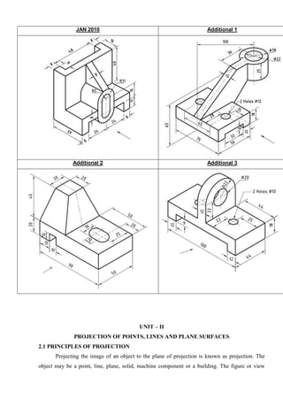 UNIT – II
PROJECTION OF POINTS, LINES AND PLANE SURFACES
2.1 PRINCIPLES OF PROJECTION
Projecting the image of an object to the plane of projection is known as projection. The
object may be a point, line, plane, solid, machine component or a building. The figure or view
JAN 2010 Additional 1
Additional 2 Additional 3
 