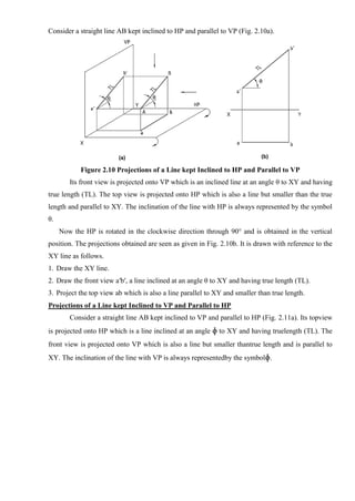 Consider a straight line AB kept inclined to HP and parallel to VP (Fig. 2.10a).
Figure 2.10 Projections of a Line kept Inclined to HP and Parallel to VP
Its front view is projected onto VP which is an inclined line at an angle θ to XY and having
true length (TL). The top view is projected onto HP which is also a line but smaller than the true
length and parallel to XY. The inclination of the line with HP is always represented by the symbol
θ.
Now the HP is rotated in the clockwise direction through 90° and is obtained in the vertical
position. The projections obtained are seen as given in Fig. 2.10b. It is drawn with reference to the
XY line as follows.
1. Draw the XY line.
2. Draw the front view a′b′, a line inclined at an angle θ to XY and having true length (TL).
3. Project the top view ab which is also a line parallel to XY and smaller than true length.
Projections of a Line kept Inclined to VP and Parallel to HP
Consider a straight line AB kept inclined to VP and parallel to HP (Fig. 2.11a). Its topview
is projected onto HP which is a line inclined at an angle ɸ to XY and having truelength (TL). The
front view is projected onto VP which is also a line but smaller thantrue length and is parallel to
XY. The inclination of the line with VP is always representedby the symbolɸ.
 