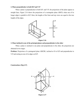 2. Plane perpendicular to both H.P and V.P
When a plane is perpendicular to both H.P. and V.P, the projections of the plane appear as
straight lines. Figure 2.16 shows the projections of a rectangular plane ABCD, when one of its
longer edges is parallel to H.P. Here, the lengths of the front and top views are equal to the true
lengths of the edges.
Figure 2.16
3. Plane inclined to one of the principal planes and perpendicular to the other
When a plane is inclined to one plane and perpendicular to the other, the projections are
obtained in two stages.
Problem: Projections of a pentagonal plane ABCDE, inclined at ϴ to H.P and perpendicular to
V.P and resting on one of its edges on H.P.
Construction: (Fig.2.17)
Figure 2.17
 