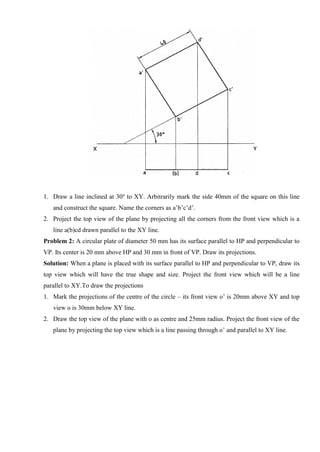 1. Draw a line inclined at 30o
to XY. Arbitrarily mark the side 40mm of the square on this line
and construct the square. Name the corners as a’b’c’d’.
2. Project the top view of the plane by projecting all the corners from the front view which is a
line a(b)cd drawn parallel to the XY line.
Problem 2: A circular plate of diameter 50 mm has its surface parallel to HP and perpendicular to
VP. Its center is 20 mm above HP and 30 mm in front of VP. Draw its projections.
Solution: When a plane is placed with its surface parallel to HP and perpendicular to VP, draw its
top view which will have the true shape and size. Project the front view which will be a line
parallel to XY.To draw the projections
1. Mark the projections of the centre of the circle – its front view o’ is 20mm above XY and top
view o is 30mm below XY line.
2. Draw the top view of the plane with o as centre and 25mm radius. Project the front view of the
plane by projecting the top view which is a line passing through o’ and parallel to XY line.
 