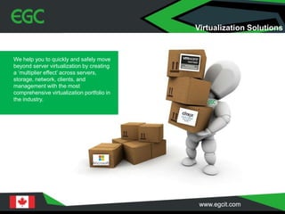 Virtualization Solutions
We help you to quickly and safely move
beyond server virtualization by creating
a ‘multiplier effect’ across servers,
storage, network, clients, and
management with the most
comprehensive virtualization portfolio in
the industry.
 