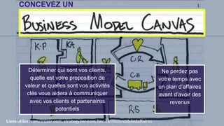 Ne perdez pas
votre temps avec
un plan d’affaires
avant d’avoir des
revenus
CONCEVEZ UN
Liens utiles : canvanizer.com, strategyzer.com, bnc.ca/monmodeledaffaires
Déterminer qui sont vos clients,
quelle est votre proposition de
valeur et quelles sont vos activités
clés vous aidera à communiquer
avec vos clients et partenaires
potentiels
 