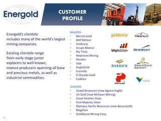 Energold’s clientele includes many of the world’s largest mining companies. 
Existing clientele range from early-stage junior explorers to well known, mature producers spanning all base and precious metals, as well as industrial commodities. 
MAJORS 
•Barrick Gold 
•BHP Billiton 
•Goldcorp 
•Grupo Mexico 
•Rio Tinto 
•Newmont Mining 
•Penoles 
•Vale 
•AngloGold 
•Fresnillo 
•El Dorado Gold 
•Codelco 
JUNIORS 
•Grayd Resources (now Agnico-Eagle) 
•US Gold (now McEwan Mining) 
•Great Panther Silver 
•First Majestic Silver 
•Olympus Pacific Resources (now Besra Gold) 
•Magellan 
•GoldQuest Mining Corp. 
11 
CUSTOMER PROFILE  