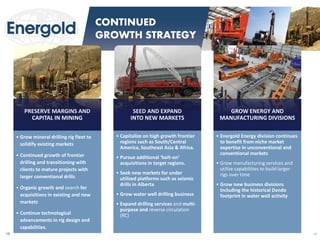19 
PRESERVE MARGINS AND CAPITAL IN MINING 
•Grow mineral drilling rig fleet to solidify existing markets 
•Continued growth of frontier drilling and transitioning with clients to mature projects with larger conventional drills 
•Organic growth and search for acquisitions in existing and new markets 
•Continue technological advancements in rig design and capabilities. 
SEED AND EXPAND INTO NEW MARKETS 
•Capitalize on high growth frontier regions such as South/Central America, Southeast Asia & Africa. 
•Pursue additional ‘bolt-on’ acquisitions in target regions. 
•Seek new markets for under utilized platforms such as seismic drills in Alberta 
•Grow water well drilling business 
•Expand drilling services and multi- purpose and reverse circulation (RC) 
GROW ENERGY AND MANUFACTURING DIVISIONS 
•Energold Energy division continues to benefit from niche market expertise in unconventional and conventional markets 
•Grow manufacturing services and utilize capabilities to build larger rigs over time 
•Grow new business divisions including the historical Dando footprint in water well activity 
19 
CONTINUED GROWTH STRATEGY  