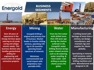 3 
Mining 
Energold Drilling’s original and primary line of business. Market leader in frontier drilling services, operating 133 rigs in 24 countries spanning broad spectrum of minerals. Minimizes environmental and social impact with proprietary man- portable drills. 
Energy 
Over 50 years of experience in the Energy Services space catering to oil sands coring and oil/gas seismic needs. This business division also handles geotechnical drilling for engineering and construction for larger extractive projects. 
Manufacturing 
A drilling brand with heritage of more than a century, we design, manufacture, and maintain rigs and supplies for clients globally. 
Specializing in mineral, multi-purpose, water wells, and geotechnical drilling machines and parts. Manufactured and designed in UK. 
BUSINESS SEGMENTS 
Water 
From the first water wells drilled more than 150 years ago during the cholera outbreak in UK, Energold’s water drilling division brings water related services such as de-watering, water recycling, & fresh water well drilling to existing clients across the globe. 
 