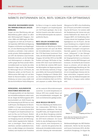 Der REIT-Investor AUSGABE 03 // NOVEMBER 2014 
Hongkong und Singapur 
MÄRKTE ENTSPANNEN SICH, REITs SORGEN FÜR OPTIMISMUS 
Singapur, 
39 
ANZAHL ASIATISCHER REITs 
SEITE 2 
SINGAPUR: MASSNAHMEN GEGEN 
DIE IMMOBILIENBLASE ZEIGEN 
WIRKUNG 
Sorgen um eine Überhitzung oder gar 
Blasenbildung galten zuletzt vor allem 
dem Wohnungsmarkt Singapurs. Zwi-schen 
2006 und 2008 legten die Woh-nungspreise 
um mehr als 25 Prozent zu. 
Seit September 2009 führte die Regierung 
Singapurs schrittweise neue Regelungen 
ein, um eine Überhitzung des Immobili-enmarkts 
zu verhindern. Unter anderem 
wurde privaten Wohnungskäufern seit 
Juni 2013 die Aufnahme neuer Immobi-lienkredite 
erschwert, um die Nachfrage 
nach Wohneigentum zu dämpfen. Da-raufhin 
gingen die Preise auf dem Wohn-immobilienmarkt 
nun bereits das dritte 
Quartal in Folge zurück. Der Preisindex 
für Wohnungen fiel um 1,0 Prozent, die 
Mietpreise sanken um 0,6 Prozent. Ein 
differenziertes Bild zeigt sich auf dem 
Markt für Büroimmobilien. Laut einer 
Erhebung von Jones Lang LaSalle sind 
die durchschnittlichen Netto-Mietpreise 
HONGKONG: AUSLÄNDISCHE 
INVESTOREN WEICHEN AUS 
In Hongkong kühlte sich das Wachstum 
der Immobilienmarktpreise zuletzt merk-lich 
ab. Stiegen die Wohnungspreise 2013 
durchschnittlich um 18,92 Prozent, lag 
der Preisanstieg bis Juli 2014 bei nur noch 
4,28 Prozent. Die Mietpreise für Büroim-mobilien 
in A-Lage verzeichneten laut 
Zahlen von JLL im zweiten Quartal 2014 
im Vergleich zum Vorjahreszeitraum nur 
noch ein Plus von 0,4 Prozent. Ähnlich 
wie in Singapur hatte auch die Regierung 
von Hongkong versucht, den Wohnungs-markt 
mittels regulatorischer Maßnah-men 
zu beruhigen. Dieser drohte zu 
überhitzen, nachdem ausländische Inves-toren, 
vor allem Anleger vom chinesischen 
Festland, nach Ausbruch der Finanzkrise 
für Büros in A-Lage im zweiten Quartal 
2014 im Vergleich zum Vorjahresquartal 
um 15,9 Prozent gestiegen. Das ist der 
höchste Zuwachs unter allen untersuch-ten 
Wirtschaftsmetropolen des asiatisch-pazifischen 
Raums. 
REITs SOLLEN SICHERER UND 
TRANSPARENTER WERDEN 
Insbesondere der Abkühlung im Wohn-segment 
konnten sich auch die Werte 
der Immobilienaktien nicht entziehen. 
Der FTSE Real Estate Investment Trust 
Index, der führende REIT-Index der Börse 
Singapur, fiel seit Mai 2014 von fast 880 
Punkten auf knapp 740 Punkte im Sep-tember 
2014. Doch neuen Auftrieb könn-ten 
die Werte der notierten REITs durch 
die Reformpläne der Regierung bekom-men. 
Die Monetary Authority of Singa-pore 
(MAS), die Finanzaufsichtsbehörde 
Singapurs, kündigte am 9. Oktober 2014 
an, die Fremdkapitalobergrenze für REITs 
auf einen einheitlichen Wert von 45 Pro-zent 
anpassen zu wollen. Bisher lag die 
Obergrenze für REITs ohne Kreditrating 
bei 35 Prozent und für REITs mit Kreditra-ting 
bei 60 Prozent. Für Letztere stellt 
die Herabsetzung der Grenze eine prä-ventive 
Maßnahme dar: Keiner der 17 
Singapur-REITs mit Kreditrating über-schreitet 
derzeit die festgelegte Fremd-kapitalgrenze 
von 45 Prozent. Ziel der 
neuen Deckelung ist es, mögliche Fremd-finanzierungsrisiken 
und spekulative 
Aktivitäten vorsorglich einzugrenzen. 
Ebenfalls geplant ist die Einführung 
neuer „Safeguards“ in den Manage-ment- 
Etagen der REITs. Der Grund: In 
der Vergangenheit kam es zu Interessen-konflikten 
zwischen REIT-Managern und 
Investoren. Um die Rechte der Investoren 
besser zu schützen, soll sich daher die 
leistungsabhängige Bezahlung der Ma-nager 
zukünftig stärker danach richten, 
ob sie im langfristigen Interesse der An-leger 
wirtschaften. Insgesamt wird er-wartet, 
dass das Maßnahmenpaket den 
REIT-Markt in Singapur weiter stärken 
wird. 
auf die asiatische Wirtschaftsmetropole 
auswichen. So wurde beispielsweise im 
Februar 2013 eine variable Steuer auf 
jene Immobilienkäufe verdoppelt, die 
nicht von Einheimischen getätigt werden. 
NEUE REGELN FÜR REITS 
Trotz einer Abkühlung des Marktes konn-ten 
insbesondere REIT-Werte ihren 
Wachstumskurs stabilisieren. Der Hang 
Seng REIT Index, der Vergleichsindex für 
alle an der Börse Hongkong notierten 
REITs, konnte sich von März bis Septem-ber 
2014 leicht verbessern. Ein Grund 
hierfür ist, dass die Regierung von Hong-kong 
versucht, einen Kompromiss zu 
finden – zwischen der gewünschten Ab-kühlung 
der Immobilienmärkte einerseits 
und einer Stärkung der internationalen 
Thailand, 
39 
Wettbewerbsfähigkeit des REIT-Marktes 
andererseits. Hierfür hat die Securities 
and Futures Commission (SFC), die Bör-senaufsicht 
Hongkongs, im August das 
Malaysia, 16 
Taiwan, 6 
Hongkong und China, 10 
Quelle: Nikko Asset Management Asia Limited, Eric 
Khaw, Portfolio Manager, September 2014 
 