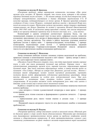 12
Сочинение по тексту И. Бражина.
«Раскрывая проблему, автор опровергает истинность пословицы «При громе
оружия музы молчат». И. Бражин говорит, что «плохи музы, которые в дни великих
народных бедствий могут молчать…». По мнению автора, всегда были творческие люди,
которые непосредственно участвовали в боевых действиях (предложения 4-7). В
качестве примера, подтверждающего его точку зрения, В. Бражин приводит историю
создателя «Слова о полку Игореве», «который проделал вместе с дружиной Игоря весь
поход от начала до конца». Продолжая систему аргументов, автор говорит о традициях
«певцов-воинов» от Дениса Давыдова до поэтов и прозаиков Великой Отечественной
войны 1941-1945 годов. В заключение автор приходит к выводу, что многие творческие
люди во все времена отдавали «кровному делу не только свое перо, но и … саму жизнь».
Комментарий в данном сочинении соответствует высшему баллу, так как
экзаменуемый, опираясь на исходный текст (в виде цитат, цифровых ссылок, элементов
изложения), прослеживает путь автора от формулировки проблемы к основным выводам,
его логику, систему аргументов. Тем самым в работе выделены ключевые моменты
проблемы (поэзия в период войн – 1 пример-иллюстрация, поэты-бойцы – 2 пример-
иллюстрация, неумолкающее слово поэтов – 3 пример-иллюстрация, традиции
отечественной литературы – 4 пример-иллюстрация). Искажений смысла авторского
текста (то есть фактических ошибок в понимании проблемы) нет.
Сочинение по тексту С. Михалкова.
Автор сочинения свободно излагает основные стороны выделенной им проблемы,
правильно понимая и композиционно выделяя в ней главное – тревогу автора в связи с
тем, что «дети перестают читать хорошие книги».
«Писатель Сергей Михалков говорит о том, что дети перестают читать хорошие
книги, а ведь эти книги развивают духовный мир ребенка. Хорошие книги – это
художественная литература, прежде всего, мировая классика, отражающая мировой
духовный опыт. Эти книги известны образованным людям, и автор текста тоже их
называет: «Том Сойер», «Вечера на хуторе близ Диканьки», русская поэзия… Именно с
помощью такой литературы человек может научиться размышлять, оценивать
поступки других людей, сформировать собственные нравственные ориентиры. Автор
текста обращает внимания на особую роль художественной книги. Эта роль
заключается в воспитании души, развитии особого умения – чувствовать,
сопереживать. И неслучайно писатель особо подчеркивает роль этих книг именно в
детстве, когда человек еще в начале своего жизненного пути».
В работе с опорой на текст прокомментированы все основные затронутые писателем
аспекты проблемы:
- спад интереса к чтению художественной литературы в наше время – 1 пример-
иллюстрация;
- важная роль чтения классики в формировании и развитии личности – 2 пример-
иллюстрация;
- первостепенная роль такого чтения именно в детские годы – 3 пример-
иллюстрация.
Искажений смысла авторского текста (то есть фактических ошибок в понимании
проблемы) нет.
Сочинение по тексту В. Почуева.
«Раскрывая проблему, автор описывает случай из школьной жизни. Обычный урок
по биологии привел к спору между двумя одноклассниками. Оппоненты яро отстаивали
свои диаметрально противоположные точки зрения на проблему конфликта между
личными и общественными интересами. В этом противопоставлении «живого ума»
«книжному умствованию» на фоне «тайного желания покрасоваться перед миловидной
 