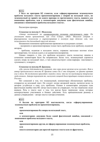 15
К2-2.
1 балл по критерию К2 ставится, если «сформулированная экзаменуемым
проблема исходного текста прокомментирована с опорой на исходный текст, но
экзаменуемый не привёл ни одного примера из прочитанного текста, важного для
понимания проблемы, или в комментарии допущена одна фактическая ошибка,
связанная с пониманием проблемы исходного текста».
Рассмотрим примеры.
Сочинение по тексту С. Михалкова.
«Автор настаивает на своевременности познания окружающего мира. Он
упоминает такие произведения, как «Том Сойер», «Вий». Михалков говорит о
формировании психологии и мировосприятия в золотую пору детских лет, что
немаловажно для дальнейшей взрослой жизни».
Искаженное понимание проблематики проявляется в следующих случаях:
– воспринята и прокомментирована только часть проблемы (или проблем), поднятой
автором;
– проблема, поднятая в исходном тексте, отражена настолько неточно и/или
противоречиво, что нельзя судить о ее адекватном восприятии.
Однако говорить о том, что проблема исходного текста полностью лишена в
сочинении комментария было бы неправильно. Более того, экзаменуемый стремится
сделать опору на исходный текст, о чем свидетельствуют слова-маркеры: «настаивает»,
«упоминает», «говорит».
Сочинение по тексту И. Бражина.
«Да, многие действительно считают, что «при громе оружия музы молчат». Вот и
автор предложенного текста И. Бражин хотел бы в это поверить, но факты претят
ему в этом. Он постепенно приходит к выводу о том, что все по-настоящему творческие
люди воевали. Автора поражает то, насколько мощной была традиция «певцов-воинов» в
России».
Нет сомнений в том, что экзаменуемый, комментируя обозначенную проблему,
отпирается на исходный текст. Он следует логике авторской мысли, пытается вслед за
автором углубиться в саму суть проблемы. Однако в комментарии допущена одна
фактическая ошибка типа Ф2: автор текста вовсе не утверждает, что все творческие люди
воевали. Речь в тексте идет о том, что всегда были творческие люди, которые
непосредственно участвовали в боевых действиях. Есть принципиальная разница в
данных утверждениях – автора текста и автора сочинения.
К2-3.
0 баллов по критерию К2 выставляется, когда «сформулированная
экзаменуемым проблема не прокомментирована,
или
прокомментирована без опоры на исходный текст,
или
в комментариях допущено более одной фактической ошибки, связанной с
пониманием проблемы исходного текста,
или
прокомментирована другая, не сформулированная экзаменуемым проблема,
или
вместо комментария дан простой пересказ текста или его фрагмента,
 