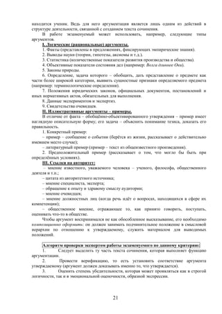21
находится ученик. Ведь для него аргументация является лишь одним из действий в
структуре деятельности, связанной с созданием текста сочинения.
В работе экзаменуемый может использовать, например, следующие типы
аргументов.
I. Логические (рациональные) аргументы.
1. Факты (представлены в предложениях, фиксирующих эмпирические знания).
2. Выводы науки (теории, гипотезы, аксиомы и т.д.).
3. Статистика (количественные показатели развития производства и общества).
4. Объективные показатели состояния дел (например: Волга длиннее Оки).
5. Законы природы.
6. Определение, задача которого – обобщить, дать представление о предмете как
части более широкой категории, выявить сущностные признаки определяемого предмета
(например: терминологические определения).
7. Положения юридических законов, официальных документов, постановлений и
иных нормативных актов, обязательных для выполнения.
8. Данные экспериментов и экспертиз.
9. Свидетельства очевидцев.
II. Иллюстративные аргументы – примеры.
В отличие от факта – обобщённо-объективированного утверждения – пример имеет
наглядную описательную форму; его задача – объяснить понимание тезиса, доказать его
правильность.
1. Конкретный пример:
– пример – сообщение о событии (берётся из жизни, рассказывает о действительно
имевшем место случае);
– литературный пример (пример – текст из общеизвестного произведения).
2. Предположительный пример (рассказывает о том, что могло бы быть при
определённых условиях).
III. Ссылки на авторитет:
– мнение известного, уважаемого человека – ученого, философа, общественного
деятеля и т.п.;
– цитата из авторитетного источника;
– мнение специалиста, эксперта;
– обращение к опыту и здравому смыслу аудитории;
– мнение очевидцев;
– мнение должностных лиц (когда речь идёт о вопросах, находящихся в сфере их
компетенции);
– общественное мнение, отражающее то, как принято говорить, поступать,
оценивать что-то в обществе.
Чтобы аргумент воспринимался не как обособленное высказывание, его необходимо
композиционно оформить: он должен занимать подчинительное положение в смысловой
иерархии по отношению к утверждаемому, служить материалом для выводимых
положений.
Алгоритм проверки экспертом работы экзаменуемого по данному критерию:
1. Следует выделить ту часть текста сочинения, которая выполняет функцию
аргументации.
2. Провести верификацию, то есть установить соответствие аргумента
утверждаемому (аргумент должен доказывать именно то, что утверждается).
3. Оценить степень убедительности, которая может проявляться как в строгой
логичности, так и в эмоциональной оценочности, образной экспрессии.
 