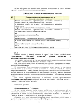 27
«Я, как и большинство моих друзей и знакомых, воспитывался на книгах, и до сих
пор много читаю. Я полностью согласен с автором».
К5. Смысловая цельность и композиционная стройность
К 5 Смысловая цельность, речевая связность
и последовательность изложения
Работа экзаменуемого характеризуется смысловой цельностью,
речевой связностью и последовательностью изложения:
- логические ошибки отсутствуют, последовательность изложения
не нарушена;
- в работе нет нарушений абзацного членения текста
2
Работа экзаменуемого характеризуется смысловой цельностью,
связностью и последовательностью изложения,
но
допущена одна логическая ошибка,
и/или
в работе имеется одно нарушение абзацного членения текста
1
В работе экзаменуемого просматривается коммуникативный замысел,
но
допущено более одной логической ошибки,
и/или
имеются два случая нарушения абзацного членения текста
0
К5-1
Высшая оценка (2 балла) ставится в случае, если «работа экзаменуемого
характеризуется смысловой цельностью, речевой связностью и
последовательностью изложения:
- логические ошибки отсутствуют, последовательность изложения не нарушена;
- в работе нет нарушений абзацного членения текста».
При этом следует учесть, что от экзаменуемого не требуется придерживаться строгих
рамок того или иного жанра.
Сочинение может быть классическим трехчастным, то есть состоять из вступления,
главной части и заключения, может члениться на несколько частей со своими
микротемами в каждой. Главное условие – не допускать нарушения смысловой цельности,
речевой связности и последовательности высказывания, поскольку именно смысловая
цельность, речевая связность и последовательность изложения – обязательные признаки
текста.
При любом варианте композиции в сочинении должно просматриваться
коммуникативное намерение пишущего, без него невозможны смысловая цельность,
связность и последовательность текста.
Рассмотрим примеры.
Сочинение по тексту Г. Смирнова.
«Очень часто, произнося слова великих людей, мы не задумываемся над их
истинным значением. А между тем искажение смысла афоризмов приводит к
«укоренению в нашей жизни ошеломляющих нелепостей», которые, по мнению Г.
Смирнова, являются в настоящее время серьезной проблемой.
Обозначив тему своей статьи в первом абзаце, автор переходит непосредственно к
примерам неверного истолкования известных фраз Суворова…
 