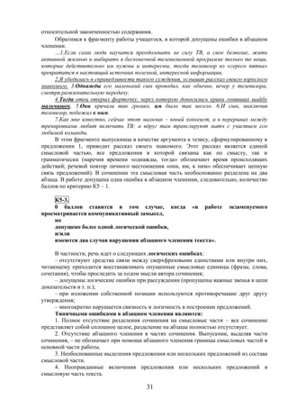 31
относительной законченностью содержания.
Обратимся к фрагменту работы учащегося, в которой допущены ошибки в абзацном
членении.
…1.Если сами люди научатся преодолевать не силу ТВ, а свое безволие, жить
активной жизнью и выбирать в бесконечной телевизионной программе только те вещи,
которые действительно им нужны и интересны, тогда телевизор из «серого пятна»
превратится в настоящий источник полезной, интересной информации.
2.Я убедилась в справедливости такого суждения, услышав рассказ своего взрослого
знакомого. 3.Однажды его маленький сын проводил, как обычно, вечер у телевизора,
смотря развлекательную передачу.
4.Тогда отец открыл форточку, через которую доносились крики гонявших шайбу
мальчишек. 5.Они кричали так громко, им было так весело. 6.И сын, выключив
телевизор, побежал к ним.
7.Как мне известно, сейчас этот мальчик – юный хоккеист, и в перерывах между
тренировками любит включить ТВ: а вдруг там транслируют матч с участием его
любимой команды.
В этом фрагменте выпускница в качестве аргумента к тезису, сформулированному в
предложении 1, приводит рассказ своего знакомого. Этот рассказ является единой
смысловой частью, все предложения в которой связаны как по смыслу, так и
грамматически (наречия времени «однажды, тогда» обозначают время происходящих
действий; речевой повтор личного местоимения «они, им, к ним» обеспечивает цепную
связь предложений). В сочинении эта смысловая часть необоснованно разделена на два
абзаца. В работе допущена одна ошибка в абзацном членении, следовательно, количество
баллов по критерию К5 – 1.
К5-3.
0 баллов ставится в том случае, когда «в работе экзаменуемого
просматривается коммуникативный замысел,
но
допущено более одной логической ошибки,
и/или
имеются два случая нарушения абзацного членения текста».
В частности, речь идет о следующих логических ошибках:
– отсутствуют средства связи между сверхфразовыми единствами или внутри них,
читающему приходится восстанавливать опущенные смысловые единицы (фразы, слова,
сочетания), чтобы проследить за ходом мысли автора сочинения;
– допущены логические ошибки при рассуждении (пропущены важные звенья в цепи
доказательств и т. п.);
– при изложении собственной позиции используются противоречащие друг другу
утверждения;
– многократно нарушается связность и логичность в построении предложений.
Типичными ошибками в абзацном членении являются:
1. Полное отсутствие разделения сочинения на смысловые части – все сочинение
представляет собой сплошное целое, разделение на абзацы полностью отсутствует.
2. Отсутствие абзацного членения в частях сочинения. Выпускник, выделяя части
сочинения, – не обозначает при помощи абзацного членения границы смысловых частей в
основной части работы.
3. Необоснованные выделения предложения или нескольких предложений из состава
смысловой части.
4. Неоправданные включения предложения или нескольких предложений в
смысловую часть текста.
 