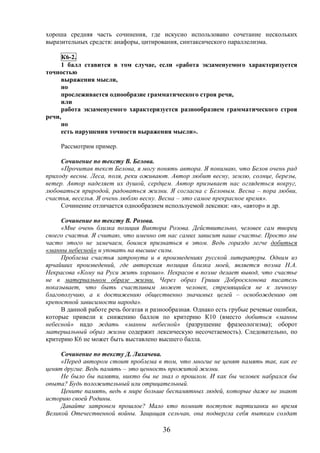 36
хороша средняя часть сочинения, где искусно использовано сочетание нескольких
выразительных средств: анафоры, цитирования, синтаксического параллелизма.
К6-2.
1 балл ставится в том случае, если «работа экзаменуемого характеризуется
точностью
выражения мысли,
но
прослеживается однообразие грамматического строя речи,
или
работа экзаменуемого характеризуется разнообразием грамматического строя
речи,
но
есть нарушения точности выражения мысли».
Рассмотрим пример.
Сочинение по тексту В. Белова.
«Прочитав текст Белова, я могу понять автора. Я понимаю, что Белов очень рад
приходу весны. Леса, поля, реки оживают. Автор любит весну, землю, солнце, березы,
ветер. Автор наделяет их душой, сердцем. Автор призывает нас оглядеться вокруг,
любоваться природой, радоваться жизни. Я согласна с Беловым. Весна – пора любви,
счастья, веселья. Я очень люблю весну. Весна – это самое прекрасное время».
Сочинение отличается однообразием используемой лексики: «я», «автор» и др.
Сочинение по тексту В. Розова.
«Мне очень близка позиция Виктора Розова. Действительно, человек сам творец
своего счастья. Я считаю, что именно от нас самих зависит наше счастье. Просто мы
часто этого не замечаем, боимся признаться в этом. Ведь гораздо легче добиться
«манны небесной» и уповать на высшие силы.
Проблема счастья затронута и в произведениях русской литературы. Одним из
ярчайших произведений, где авторская позиция близка моей, является поэма Н.А.
Некрасова «Кому на Руси жить хорошо». Некрасов в поэме делает вывод, что счастье
не в материальном образе жизни. Через образ Гриши Добросклонова писатель
показывает, что быть счастливым может человек, стремящийся не к личному
благополучию, а к достижению общественно значимых целей – освобождению от
крепостной зависимости народа».
В данной работе речь богатая и разнообразная. Однако есть грубые речевые ошибки,
которые привели к снижению баллов по критерию К10 (вместо добиться «манны
небесной» надо ждать «манны небесной» (разрушение фразеологизма); оборот
материальный образ жизни содержит лексическую несочетаемость). Следовательно, по
критерию К6 не может быть выставлено высшего балла.
Сочинение по тексту Д. Лихачева.
«Перед автором стоит проблема в том, что многие не ценят память так, как ее
ценят другие. Ведь память – это ценность прожитой жизни.
Не было бы памяти, никто бы не знал о прошлом. И как бы человек набрался бы
опыта? Будь положительный или отрицательный.
Цените память, ведь в мире больше беспамятных людей, которые даже не знают
историю своей Родины.
Давайте затронем прошлое? Мало кто помнит поступок партизанки во время
Великой Отечественной войны. Защищая сельчан, она подвергла себя пыткам солдат
 