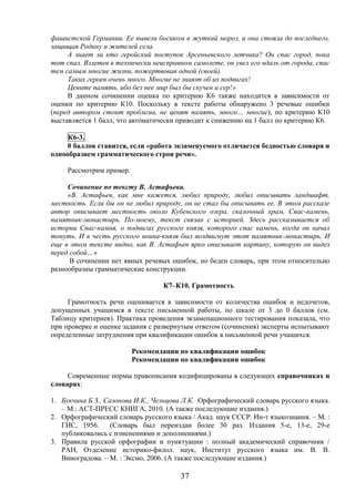 37
фашистской Германии. Ее вывели босиком в жуткий мороз, и она стояла до последнего,
защищая Родину и жителей села.
А знает ли кто геройский поступок Арсеньевского летчика? Он спас город, пока
тот спал. Взлетев в технически неисправном самолете, он увел его вдаль от города, спас
тем самым многие жизни, пожертвовав одной (своей).
Таких героев очень много. Многие не знают об их подвигах!
Цените память, ибо без нее мир был бы скучен и сер!»
В данном сочинении оценка по критерию К6 также находится в зависимости от
оценки по критерию К10. Поскольку в тексте работы обнаружено 3 речевые ошибки
(перед автором стоит проблема, не ценят память, много… многие), по критерию К10
выставляется 1 балл, что автоматически приводит к снижению на 1 балл по критерию К6.
К6-3.
0 баллов ставится, если «работа экзаменуемого отличается бедностью словаря и
однообразием грамматического строя речи».
Рассмотрим пример.
Сочинение по тексту В. Астафьева.
«В. Астафьев, как мне кажется, любил природу, любил описывать ландшафт,
местность. Если бы он не любил природу, он не стал бы описывать ее. В этом рассказе
автор описывает местность около Кубенского озера, сказочный храм, Спас-камень,
памятник-монастырь. По-моему, текст связан с историей. Здесь рассказывается об
истории Спас-камня, о подвигах русского князя, которого спас камень, когда он начал
тонуть. И в честь русского воина-князя был воздвигнут этот памятник-монастырь. И
еще в этом тексте видно, как В. Астафьев ярко описывает картину, которую он видел
перед собой…»
В сочинении нет явных речевых ошибок, но беден словарь, при этом относительно
разнообразны грамматические конструкции.
К7–К10. Грамотность
Грамотность речи оценивается в зависимости от количества ошибок и недочетов,
допущенных учащимся в тексте письменной работы, по шкале от 3 до 0 баллов (см.
Таблицу критериев). Практика проведения экзаменационного тестирования показала, что
при проверке и оценке задания с развернутым ответом (сочинения) эксперты испытывают
определенные затруднения при квалификации ошибок в письменной речи учащихся.
Рекомендации по квалификации ошибок
Рекомендации по квалификации ошибок
Современные нормы правописания кодифицированы в следующих справочниках и
словарях:
1. Букчина Б.З., Сазонова И.К., Чельцова Л.К. Орфографический словарь русского языка.
– М.: АСТ-ПРЕСС КНИГА, 2010. (А также последующие издания.)
2. Орфографический словарь русского языка / Акад. наук СССР. Ин-т языкознания. – М. :
ГИС, 1956. (Словарь был переиздан более 30 раз. Издания 5-е, 13-е, 29-е
публиковались с изменениями и дополнениями.)
3. Правила русской орфографии и пунктуации : полный академический справочник /
РАН, Отделение историко-филол. наук, Институт русского языка им. В. В.
Виноградова. – М. : Эксмо, 2006. (А также последующие издания.)
 