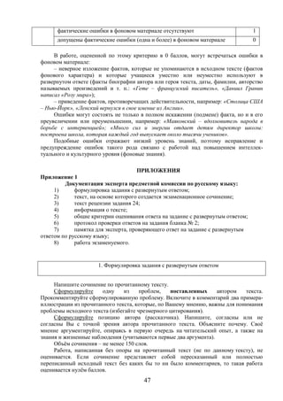 47
фактические ошибки в фоновом материале отсутствуют 1
допущены фактические ошибки (одна и более) в фоновом материале 0
В работе, оцененной по этому критерию в 0 баллов, могут встречаться ошибки в
фоновом материале:
– неверное изложение фактов, которые не упоминаются в исходном тексте (фактов
фонового характера) и которые учащиеся уместно или неуместно используют в
развернутом ответе (факты биографии автора или героя текста, даты, фамилии, авторство
называемых произведений и т. п.: «Гете – французский писатель», «Даниил Гранин
написал «Розу мира»);
– приведение фактов, противоречащих действительности, например: «Столица США
– Нью-Йорк», «Ленский вернулся в свое имение из Англии».
Ошибки могут состоять не только в полном искажении (подмене) факта, но и в его
преувеличении или преуменьшении, например: «Маяковский – вдохновитель народа в
борьбе с интервенцией»; «Много сил и энергии отдает детям директор школы:
построена школа, которая каждый год выпускает около тысячи учеников».
Подобные ошибки отражают низкий уровень знаний, поэтому исправление и
предупреждение ошибок такого рода связано с работой над повышением интеллек-
туального и культурного уровня (фоновые знания).
ПРИЛОЖЕНИЯ
Приложение 1
Документация эксперта предметной комиссии по русскому языку:
1) формулировка задания с развернутым ответом;
2) текст, на основе которого создается экзаменационное сочинение;
3) текст рецензии задания 24;
4) информация о тексте;
5) общие критерии оценивания ответа на задание с развернутым ответом;
6) протокол проверки ответов на задания бланка № 2;
7) памятка для эксперта, проверяющего ответ на задание с развернутым
ответом по русскому языку;
8) работа экзаменуемого.
1. Формулировка задания с развернутым ответом
Напишите сочинение по прочитанному тексту.
Сформулируйте одну из проблем, поставленных автором текста.
Прокомментируйте сформулированную проблему. Включите в комментарий два примера-
иллюстрации из прочитанного текста, которые, по Вашему мнению, важны для понимания
проблемы исходного текста (избегайте чрезмерного цитирования).
Сформулируйте позицию автора (рассказчика). Напишите, согласны или не
согласны Вы с точкой зрения автора прочитанного текста. Объясните почему. Своё
мнение аргументируйте, опираясь в первую очередь на читательский опыт, а также на
знания и жизненные наблюдения (учитываются первые два аргумента).
Объём сочинения – не менее 150 слов.
Работа, написанная без опоры на прочитанный текст (не по данному тексту), не
оценивается. Если сочинение представляет собой пересказанный или полностью
переписанный исходный текст без каких бы то ни было комментариев, то такая работа
оценивается нулём баллов.
 