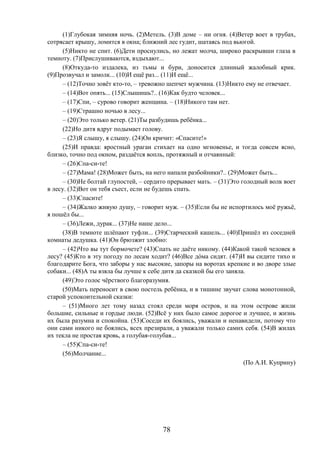 78
(1)Глубокая зимняя ночь. (2)Метель. (3)В доме – ни огня. (4)Ветер воет в трубах,
сотрясает крышу, ломится в окна; ближний лес гудит, шатаясь под вьюгой.
(5)Никто не спит. (6)Дети проснулись, но лежат молча, широко раскрывши глаза в
темноту. (7)Прислушиваются, вздыхают...
(8)Откуда-то издалека, из тьмы и бури, доносится длинный жалобный крик.
(9)Прозвучал и замолк... (10)И ещё раз... (11)И ещё...
– (12)Точно зовёт кто-то, – тревожно шепчет мужчина. (13)Никто ему не отвечает.
– (14)Вот опять... (15)Слышишь?.. (16)Как будто человек...
– (17)Спи, – сурово говорит женщина. – (18)Никого там нет.
– (19)Страшно ночью в лесу...
– (20)Это только ветер. (21)Ты разбудишь ребёнка...
(22)Но дитя вдруг подымает голову.
– (23)Я слышу, я слышу. (24)Он кричит: «Спасите!»
(25)И правда: яростный ураган стихает на одно мгновенье, и тогда совсем ясно,
близко, точно под окном, раздаётся вопль, протяжный и отчаянный:
– (26)Спа-си-те!
– (27)Мама! (28)Может быть, на него напали разбойники?.. (29)Может быть...
– (30)Не болтай глупостей, – сердито прерывает мать. – (31)Это голодный волк воет
в лесу. (32)Вот он тебя съест, если не будешь спать.
– (33)Спасите!
– (34)Жалко живую душу, – говорит муж. – (35)Если бы не испортилось моё ружьё,
я пошёл бы...
– (36)Лежи, дурак... (37)Не наше дело...
(38)В темноте шлёпают туфли... (39)Старческий кашель... (40)Пришёл из соседней
комнаты дедушка. (41)Он брюзжит злобно:
– (42)Что вы тут бормочете? (43)Спать не даёте никому. (44)Какой такой человек в
лесу? (45)Кто в эту погоду по лесам ходит? (46)Все дóма сидят. (47)И вы сидите тихо и
благодарите Бога, что заборы у нас высокие, запоры на воротах крепкие и во дворе злые
собаки... (48)А ты взяла бы лучше к себе дитя да сказкой бы его заняла.
(49)Это голос чёрствого благоразумия.
(50)Мать переносит в свою постель ребёнка, и в тишине звучат слова монотонной,
старой успокоительной сказки:
– (51)Много лет тому назад стоял среди моря остров, и на этом острове жили
большие, сильные и гордые люди. (52)Всё у них было самое дорогое и лучшее, и жизнь
их была разумна и спокойна. (53)Соседи их боялись, уважали и ненавидели, потому что
они сами никого не боялись, всех презирали, а уважали только самих себя. (54)В жилах
их текла не простая кровь, а голубая-голубая...
– (55)Спа-си-те!
(56)Молчание...
(По А.И. Куприну)
 