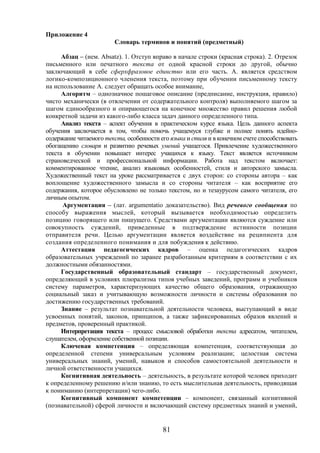 81
Приложение 4
Словарь терминов и понятий (предметный)
Абзац – (нем. Absatz). 1. Отступ вправо в начале строки (красная строка). 2. Отрезок
письменного или печатного текста от одной красной строки до другой, обычно
заключающий в себе сферхфразовое единство или его часть. А. является средством
логико-композиционного членения текста, поэтому при обучении письменному тексту
на использование А. следует обращать особое внимание,
Алгоритм – однозначное пошаговое описание (предписание, инструкция, правило)
чисто механически (в отвлечении от содержательного контроля) выполняемого шагом за
шагом единообразного и опирающегося на конечное множество правил решения любой
конкретной задачи из какого-либо класса задач данного определенного типа.
Анализ текста – аспект обучения в практическом курсе языка. Цель данного аспекта
обучения заключается в том, чтобы помочь учащемуся глубже и полнее понять идейно-
содержание читаемого текста, особенности его языка и стиля и в конечном счете способствовать
обогащению словаря и развитию речевых умений учащегося. Привлечение художественного
текста в обучении повышает интерес учащихся к языку. Текст является источником
страноведческой и профессиональной информации. Работа над текстом включает:
комментированное чтение, анализ языковых особенностей, стиля и авторского замысла.
Художественный текст на уроке рассматривается с двух сторон: со стороны автора – как
воплощение художественного замысла и со стороны читателя – как восприятие его
содержания, которое обусловлено не только текстом, но и тезаурусом самого читателя, его
личным опытом.
Аргументация – (лат. argumentatio доказательство). Вид речевого сообщения по
способу выражения мыслей, который вызывается необходимостью определить
позицию говорящего или пишущего. Средствами аргументации являются суждение или
совокупность суждений, приведенные в подтверждение истинности позиции
отправителя речи. Целью аргументации является воздействие на реципиента для
создания определенного понимания и для побуждения к действию.
Аттестация педагогических кадров – оценка педагогических кадров
образовательных учреждений по заранее разработанным критериям в соответствии с их
должностными обязанностями.
Государственный образовательный стандарт – государственный документ,
определяющий в условиях плюрализма типов учебных заведений, программ и учебников
систему параметров, характеризующих качество общего образования, отражающую
социальный заказ и учитывающую возможности личности и системы образования по
достижению государственных требований.
Знание – результат познавательной деятельности человека, выступающий в виде
усвоенных понятий, законов, принципов, а также зафиксированных образов явлений и
предметов, проверенный практикой.
Интерпретация текста – процесс смысловой обработки текста адресатом, читателем,
слушателем, оформление собственной позиции.
Ключевая компетенция – определяющая компетенция, соответствующая до
определенной степени универсальным условиям реализации; целостная система
универсальных знаний, умений, навыков и способов самостоятельной деятельности и
личной ответственности учащихся.
Когнитивная деятельность – деятельность, в результате которой человек приходит
к определенному решению и/или знанию, то есть мыслительная деятельность, приводящая
к пониманию (интерпретации) чего-либо.
Когнитивный компонент компетенции – компонент, связанный когнитивной
(познавательной) сферой личности и включающий систему предметных знаний и умений,
 