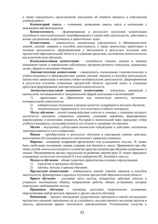 82
а также совокупность представлений школьника об учебном процессе и собственной
учебной работе.
Комментарий текста – толкование, разъяснение смысла текста в соотнесении с
внеязыковой действительностью.
Компетентность – сформированная в результате получения компетенции
способность (интеллектуальное новообразование) к какой-либо деятельности, действиям в
жизни для решения теоретических и практических задач.
Компетенция – совокупность специальных (предметных) и общепредметных
знаний, умений, навыков и способов деятельности, а также ценностных ориентации и
мотивов деятельности, сформированная у школьников в результате изучения ими
предметной образовательной области и служащая средством достижения компетентности
как конечной цели обучения.
Коммуникативная компетенция – способность (знания, умения и навыки)
понимания чужих и порождения собственных программ речевого поведения, адекватных
целям, сферам и ситуациям общения.
Лингвистическая компетенция – совокупность специальных (лингвистических и
учебно-языковых) и общепредметных знаний, умений, навыков и способов деятельности,
ценностных ориентации и мотивов учебно-познавательной деятельности, сформированная
в результате изучения учащимися предметной области «русский язык» и служащая
средством формирования лингвистической компетентности.
Личностно-смысловой компонент компетенции – компонент, связанный с
ценностной, мотивационной и эмоциональной сферой школьника и включающий:
1) ориентацию на образование как личностную ценность, мотивацию
познавательной деятельности;
2) избирательное отношение к разным аспектам содержания и методов обучения;
3) эмоциональную окрашенность того или иного учебного материала.
Метод обучения – способ взаимодействия учителя и ученика, с помощью которого
достигается овладение учащимися знаниями, умениями навыками, формирование
мировоззрение и воспитание учащихся, Который в значительной мере определяет отбор
учебного материала, последовательность его подачи и дозировку на занятиях.
Мотив – внутреннее, субъективно-личностное побуждение к действию, осознанная
заинтересованность в его совершении.
Навык – приобретенное в результате обучения и повторения умения действие,
выполняемое без непосредственного соотнесения с правилом (знанием).
Пересказ – изложение содержания прочитанного или услышанного текста. П. может
быть свободным (изложение своими словами) или близким к тексту. Применяется при обу-
чении устной монологической речи и в качестве средства контроля при обучении аудированию и
чтению. Рассматривается как вид упражнений по развитию связной речи. П. может передавать
содержание полностью (сплошной П.) или выборочно (П., близкий к тексту).
Подход к обучению – общая теоретико-практическая позиция, определяющая:
1) стратегию и принципы обучения;
2) тактику, методы и приемы обучения.
Предметная компетенция – совокупность знаний, умений, навыков и способов
деятельности, формируемая в процессе изучения предметной образовательной области.
Прием обучения – составная часть метода, конкретные действия учителя и
учащихся, подчиненные общему направлению работы, общим установкам, которые
определены требованиями метода.
Принципы обучения – основные, исходные теоретические положения,
определяющие выбор методов, приемов и других средств обучения.
Понимание – процесс нахождения существенных признаков и связей исследуемых
предметов и явлений, вычленение их из случайного, несущественного на основе анализа и
синтеза, применения правил логического умозаключения. Установление сходства и
 